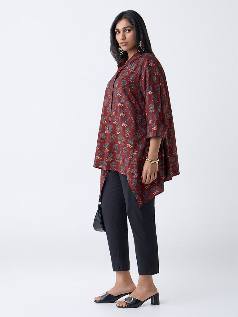 Diza Rust Floral Pattern Asymmetric Tunic - Image 2