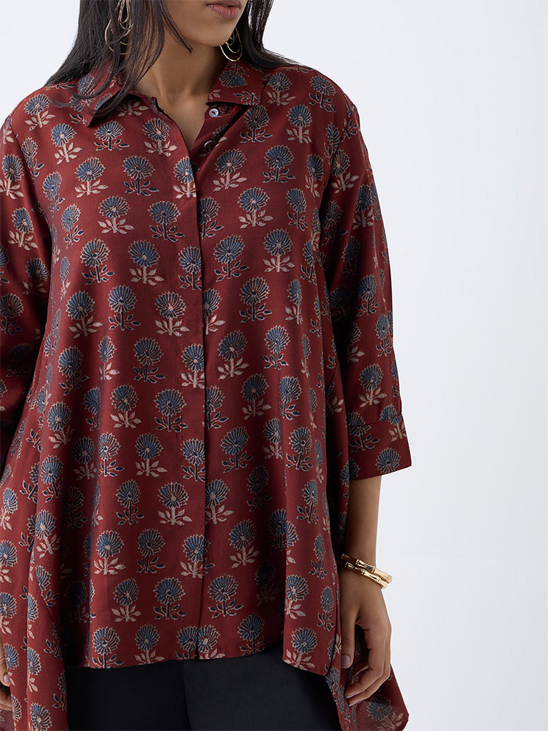 Diza Rust Floral Pattern Asymmetric Tunic - Image 3