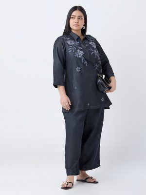 Diza Charcoal Floral Embroidered Cotton-Blend Tunic