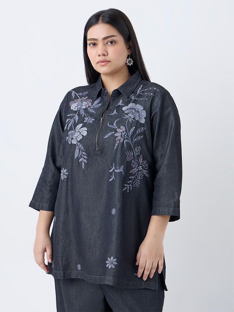 Diza Charcoal Floral Embroidered Cotton-Blend Tunic - Image 2