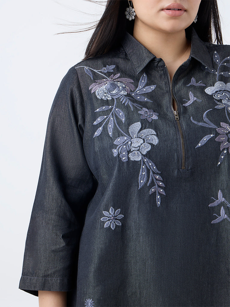 Diza Charcoal Floral Embroidered Cotton-Blend Tunic - Image 3