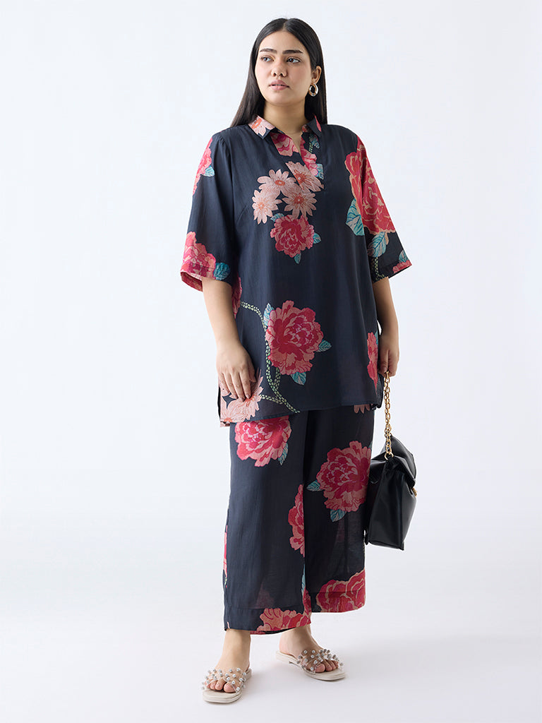 Diza Black Floral Pattern High-Low Kurti - Image 2