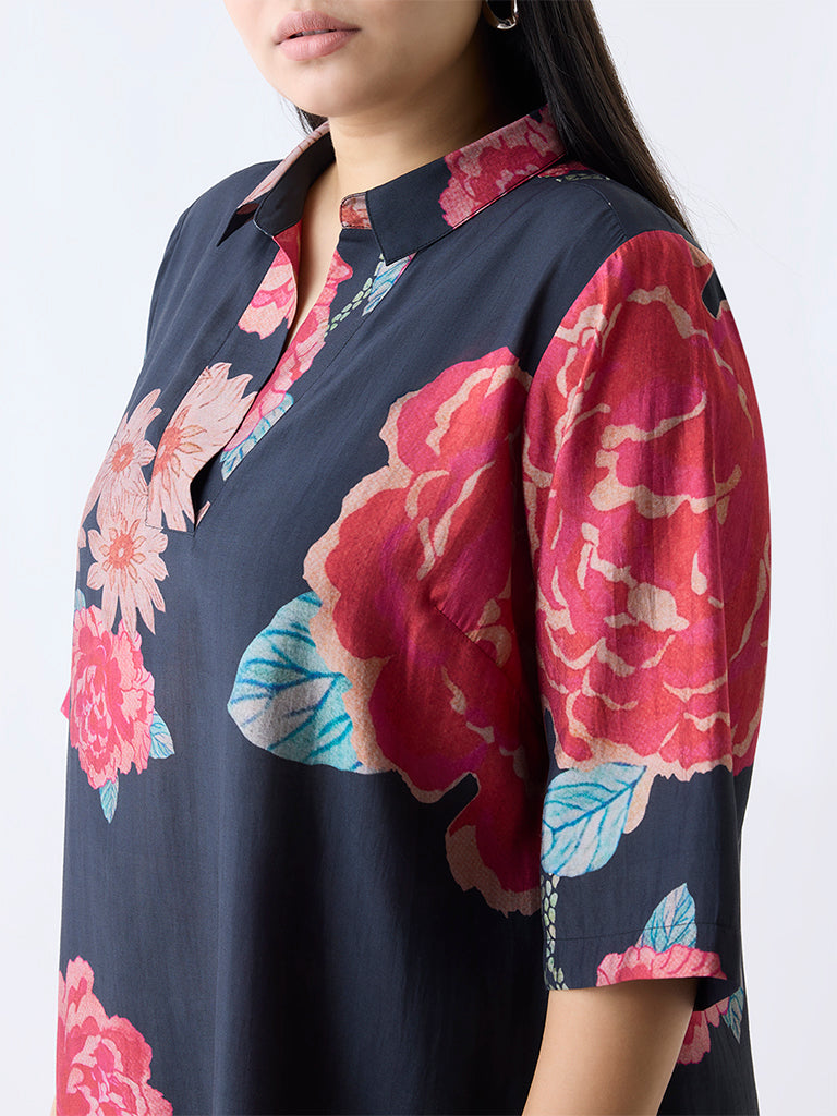 Diza Black Floral Pattern High-Low Kurti - Image 3