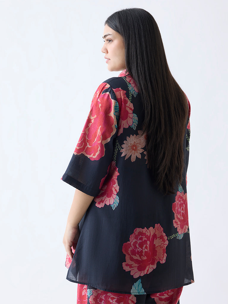 Diza Black Floral Pattern High-Low Kurti - Image 4