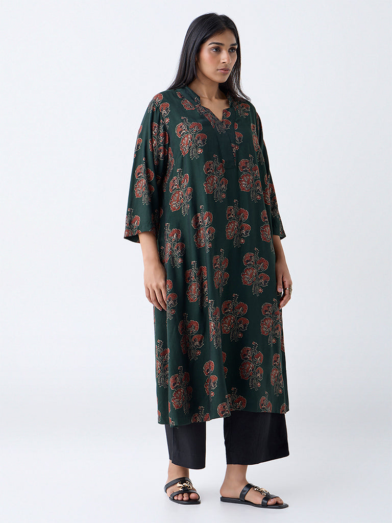 Diza Green Floral Design A-Line Kurta - Image 2