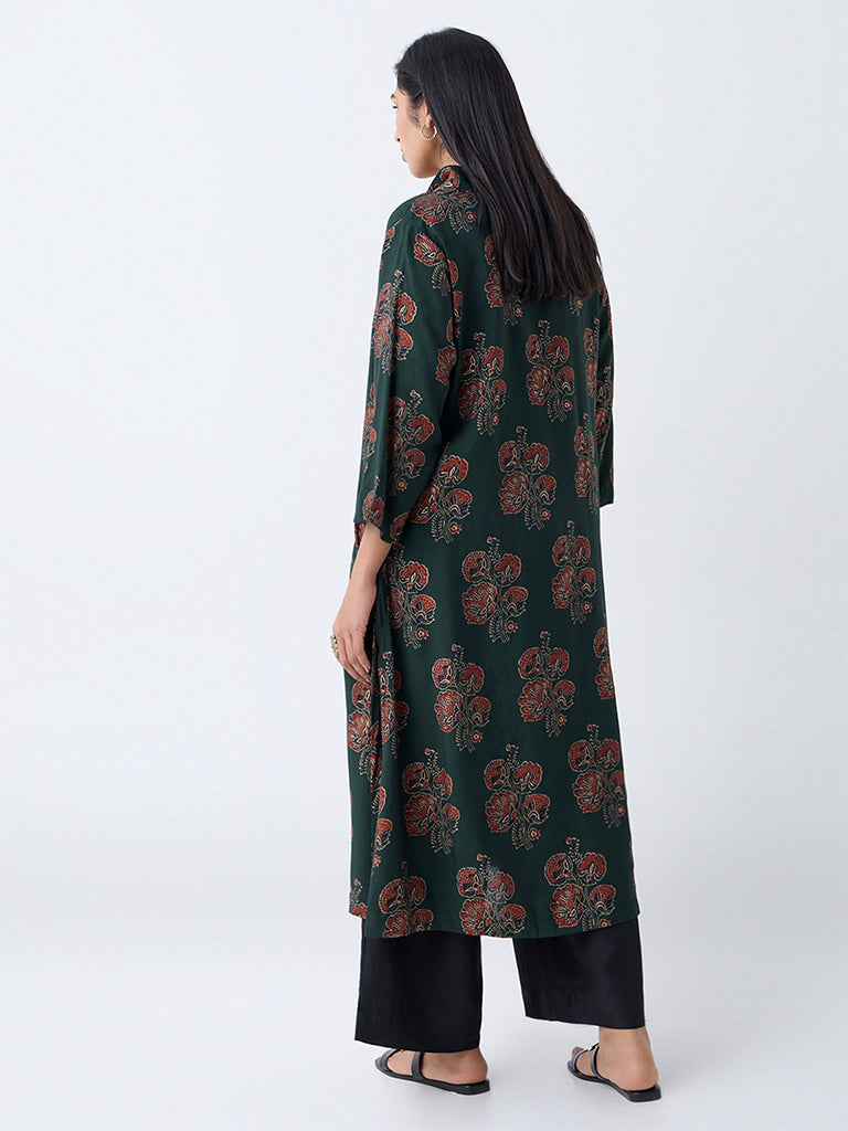 Diza Green Floral Design A-Line Kurta - Image 4
