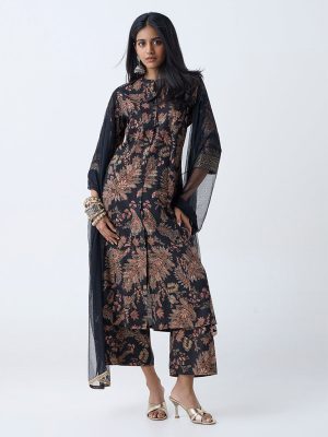Vark Black Botanical Pattern A-Line Ethnic Set