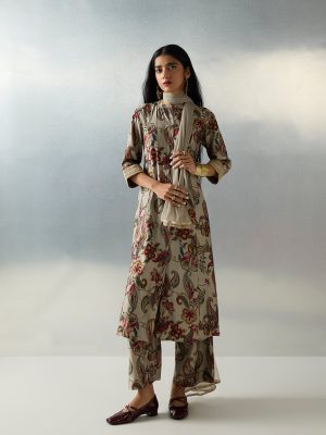 Vark Grey Floral Detailed A-Line Ethnic Set