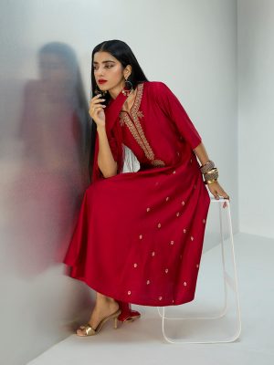 Vark Maroon Zari Embroidered Anarkali Ethnic Set