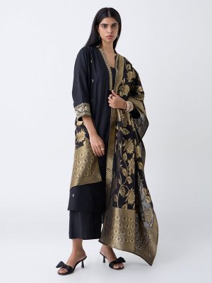 Vark Black Floral Embroidered A-Line Ethnic Set