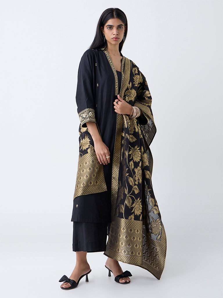Vark Black Floral Embroidered A-Line Ethnic Set