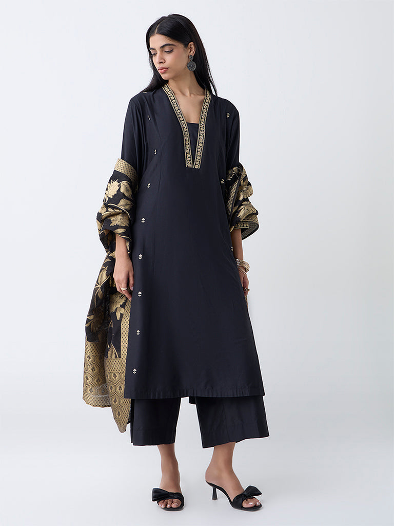 Vark Black Floral Embroidered A-Line Ethnic Set - Image 2