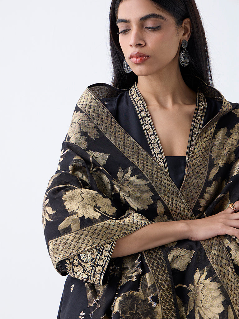 Vark Black Floral Embroidered A-Line Ethnic Set - Image 3