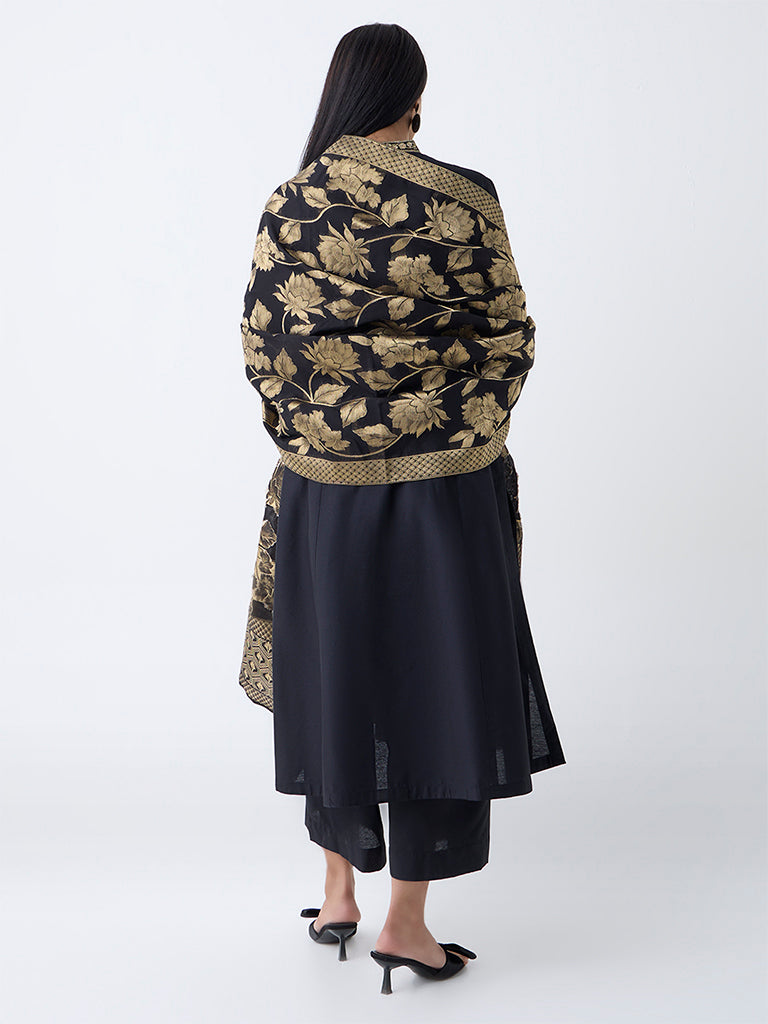 Vark Black Floral Embroidered A-Line Ethnic Set - Image 4