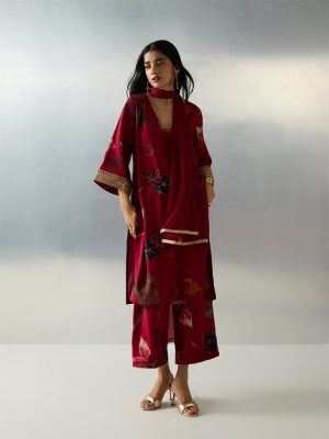 Vark Red Floral Pattern A-Line Ethnic Set