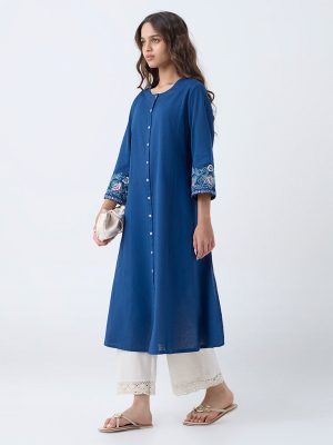 Utsa Blue Floral Embroidered Cotton-Blend A-Line Kurta
