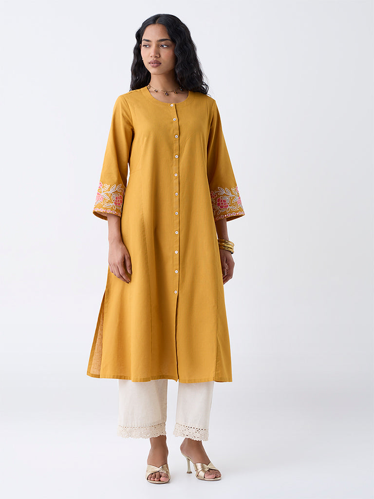 Utsa Mustard Floral Embroidered Cotton-Blend A-Line Kurta
