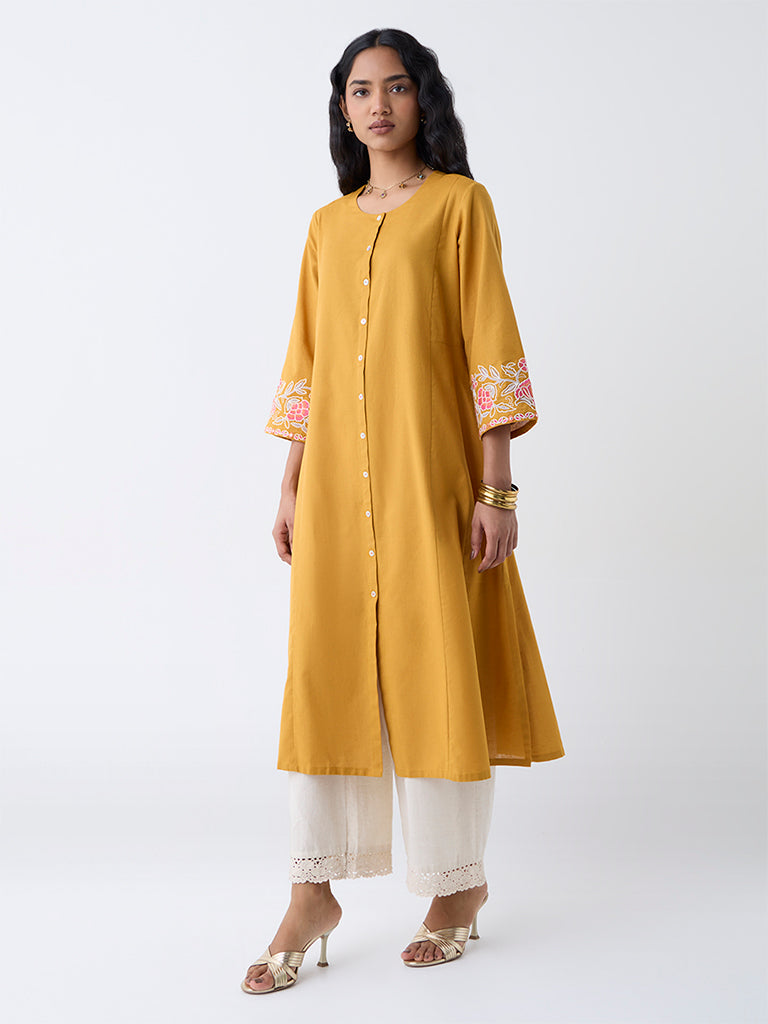 Utsa Mustard Floral Embroidered Cotton-Blend A-Line Kurta - Image 2