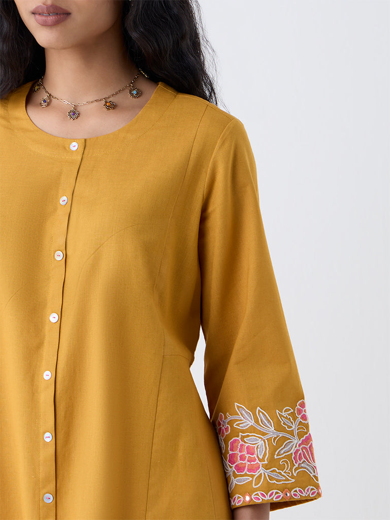 Utsa Mustard Floral Embroidered Cotton-Blend A-Line Kurta - Image 3