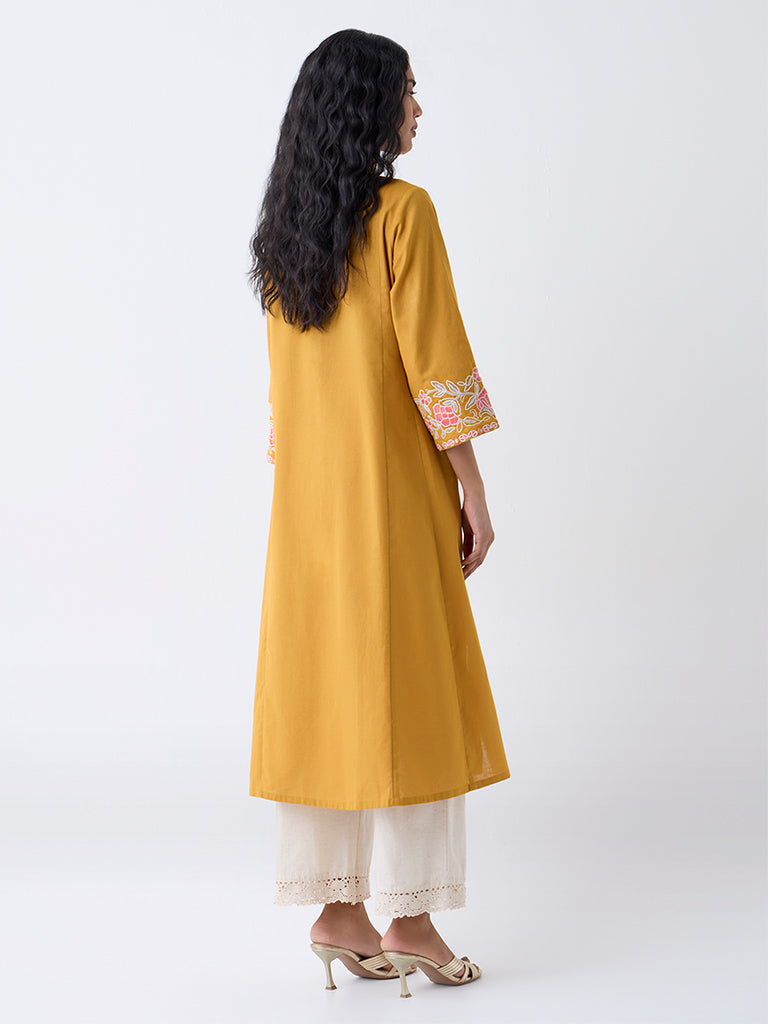 Utsa Mustard Floral Embroidered Cotton-Blend A-Line Kurta - Image 4