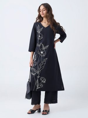 Utsa Black Floral Embroidered Cotton-Blend A-Line Kurta