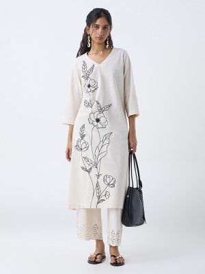 Utsa Light Beige Embroidered Cotton-Blend A-Line Kurta