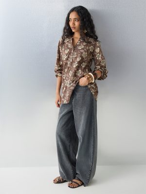 Utsa Dark Brown Floral Printed Tunic