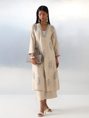 Zuba Beige Floral Printed A-Line Kurta