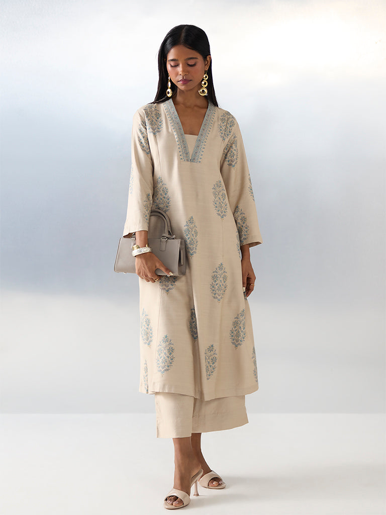 Zuba Beige Floral Printed A-Line Kurta