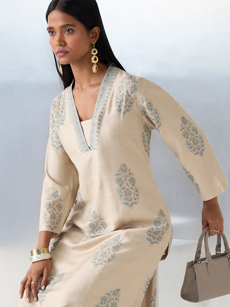 Zuba Beige Floral Printed A-Line Kurta - Image 2