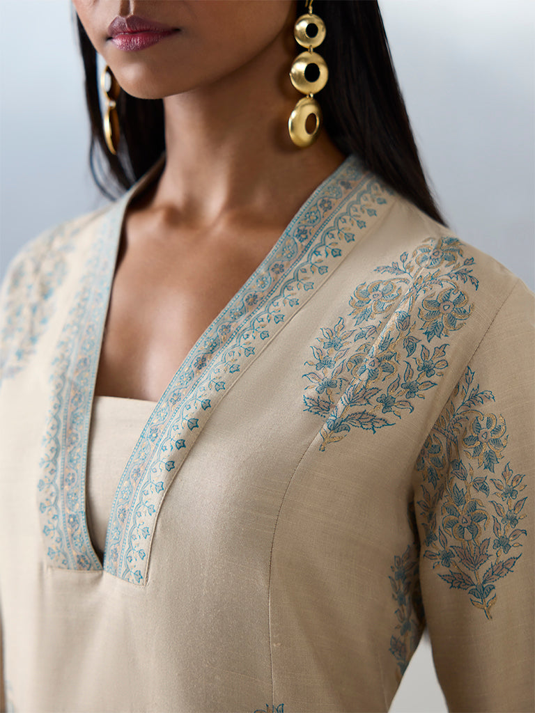 Zuba Beige Floral Printed A-Line Kurta - Image 3