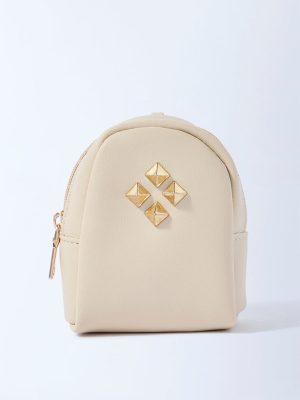 Westside Accessories Beige Stud Detailed Mini Backpack Charm
