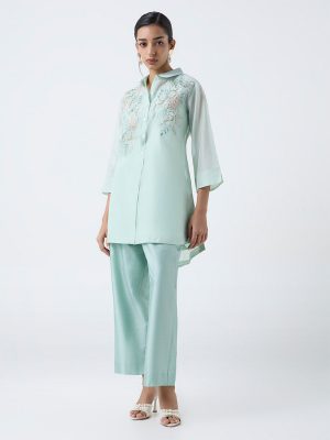 Vark Mint Floral Embroidered Cotton-Blend Ethnic Set