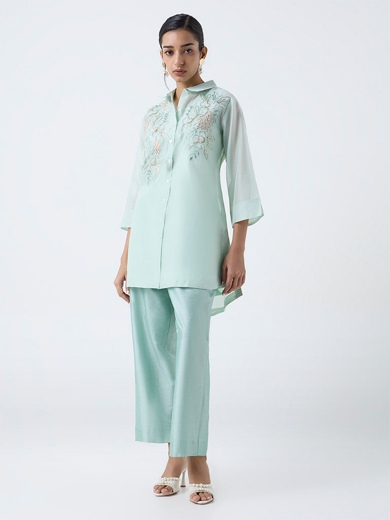 Vark Mint Floral Embroidered Cotton-Blend Ethnic Set