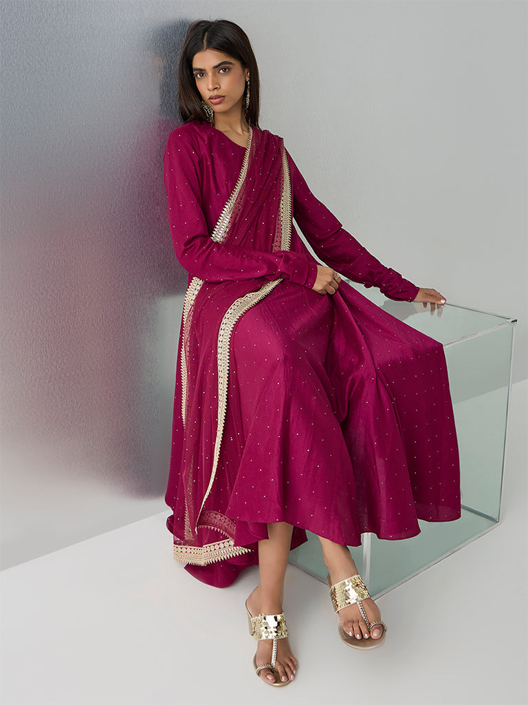 Vark Burgundy Embellished Anarkali Ethnic Set