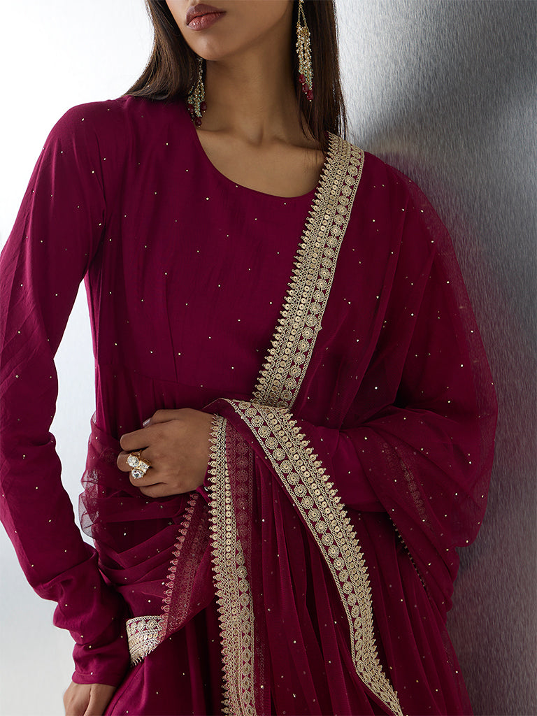 Vark Burgundy Embellished Anarkali Ethnic Set - Image 3