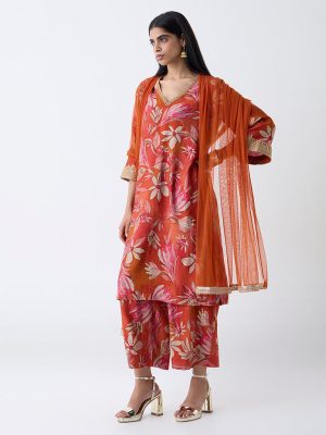 Vark Orange Floral Printed A-Line Ethnic Set