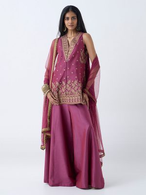 Vark Dark Pink Embellished Cotton-Blend A-Line Ethnic Set