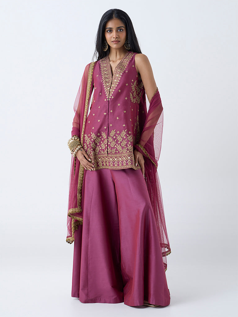 Vark Dark Pink Embellished Cotton-Blend A-Line Ethnic Set