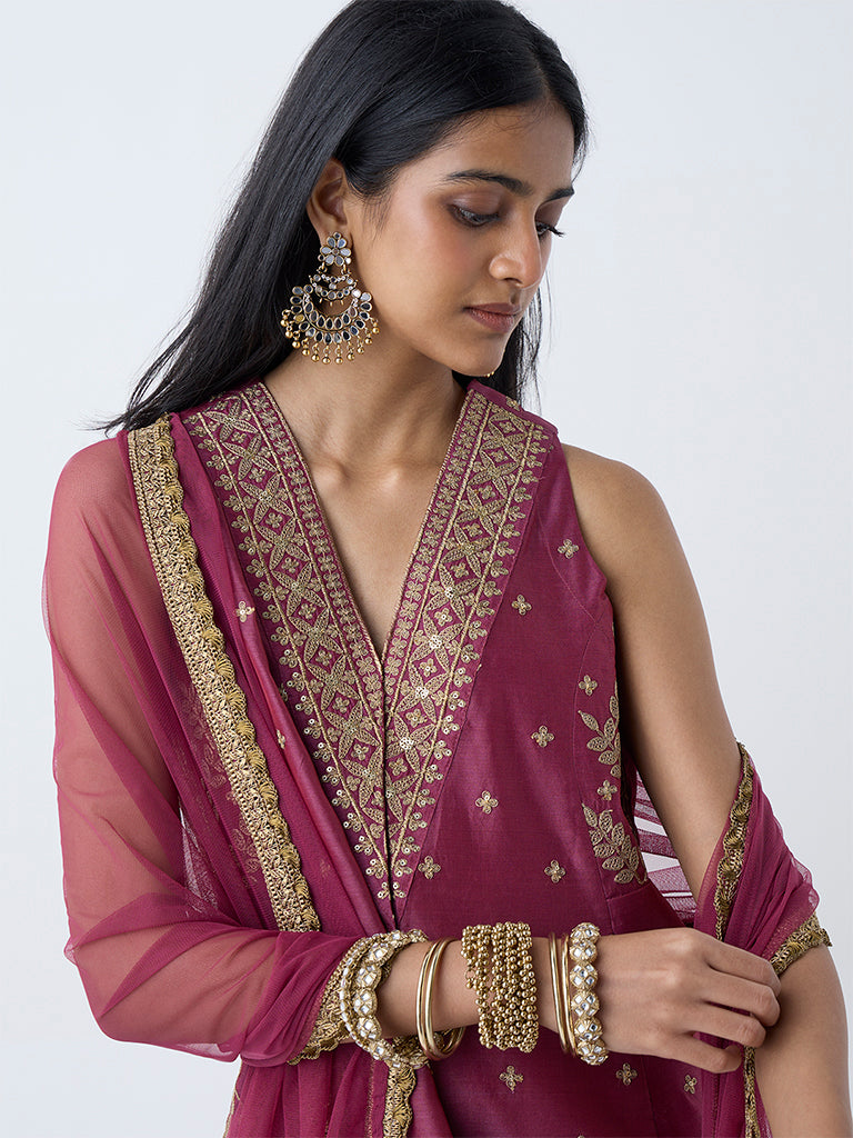Vark Dark Pink Embellished Cotton-Blend A-Line Ethnic Set - Image 3