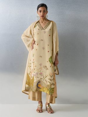 Vark Beige Floral Embroidered Cotton Ethnic Set