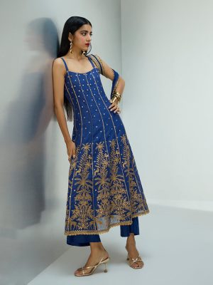 Vark Navy Embroidered Cotton-Blend Anarkali Ethnic Set
