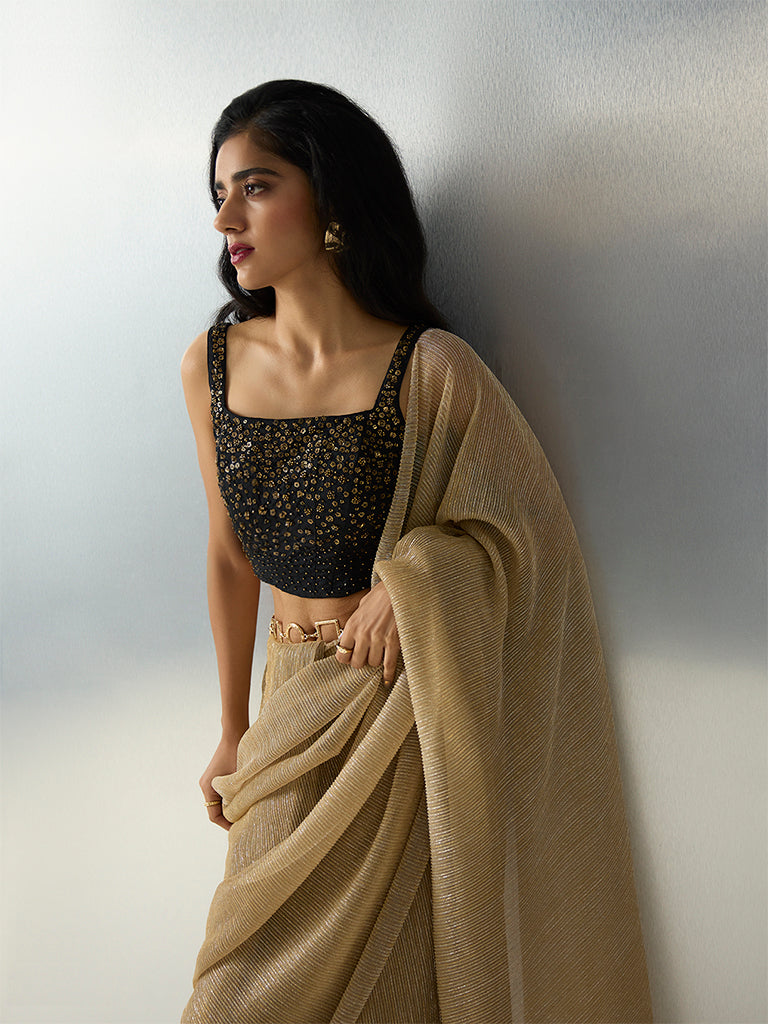 Vark Black Sequin Embellished Padded Ethnic Blouse - Image 2