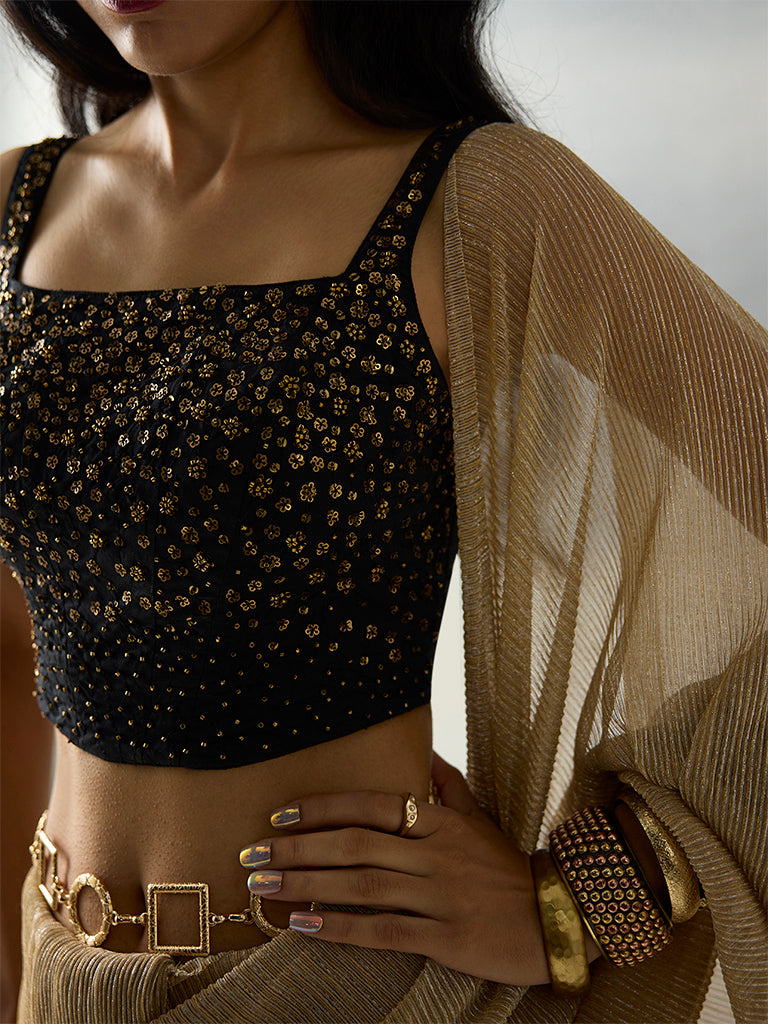 Vark Black Sequin Embellished Padded Ethnic Blouse - Image 3