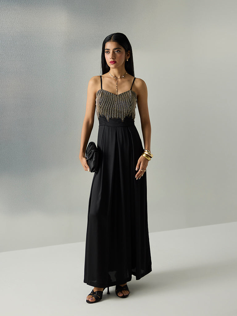 Vark Black Embellished A-Line Dress