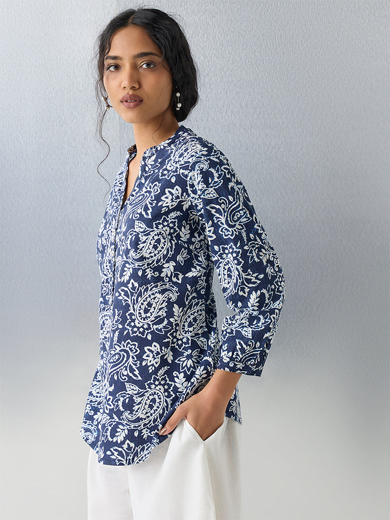 Utsa Indigo Paisley Printed Tunic - Image 2