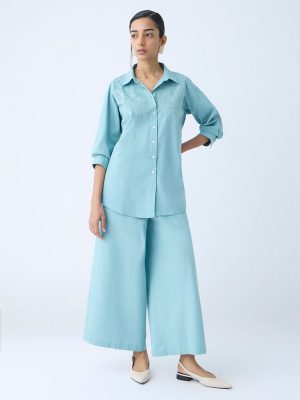 Zuba Aqua Floral Embroidered Cotton-Blend Tunic