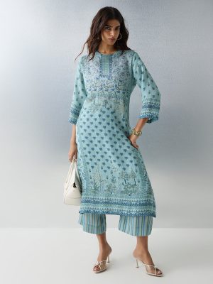 Zuba Aqua Floral Printed A-Line Kurta