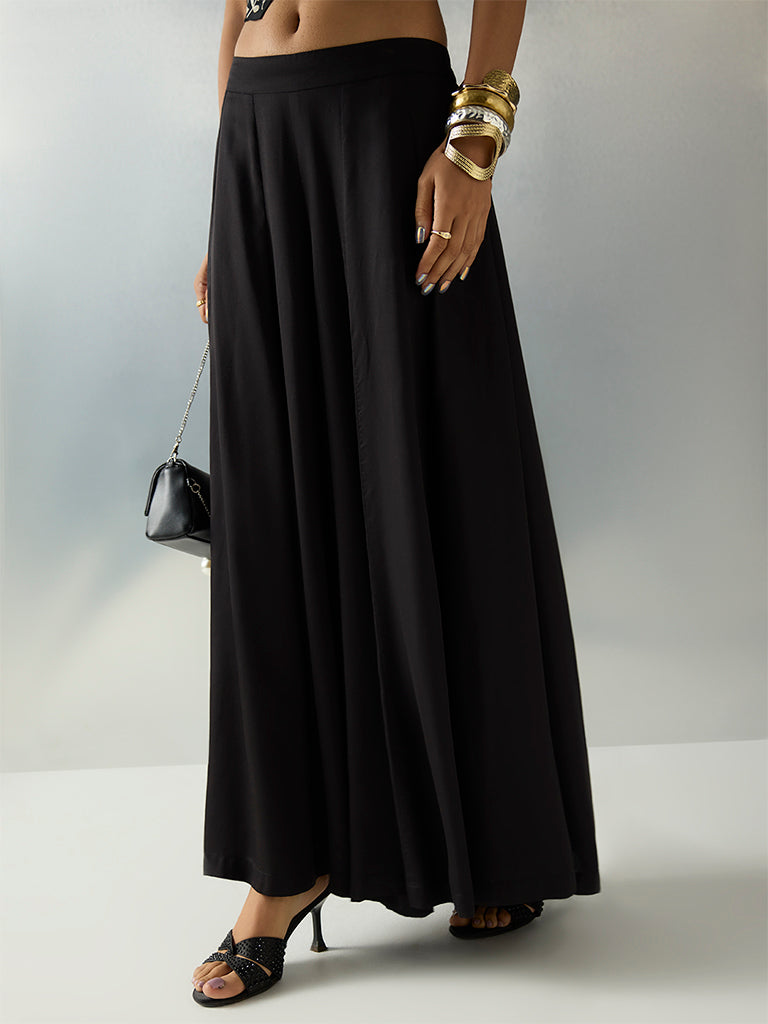 Vark Black Solid Satin Palazzos - Image 2