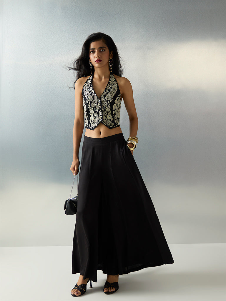 Vark Black Solid Satin Palazzos
